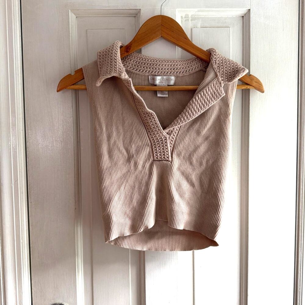 Caroline Constas Beige Ribbed Knit Sleeveless Polo Top | Size S